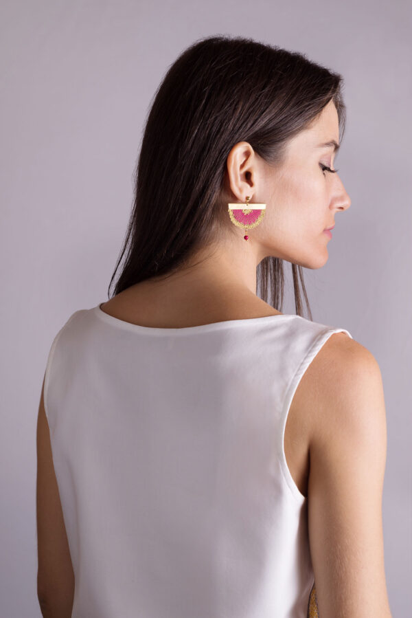 Dazzle Magenta Earrings on model Ariadne's Thread Bobbin lace jewellery