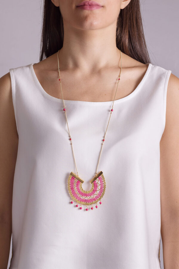 Razzle Arch Necklace on model Ariadne's Thread Bobbin lace jewellery