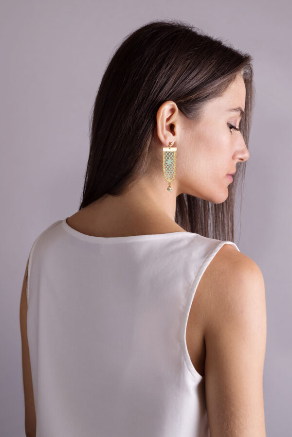 Spring Green Earrings on model Ariadne's Thread Bobbin lace jewellery