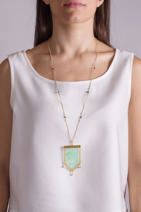 Spring Green Necklace on model Ariadne's Thread Bobbin lace jewellery